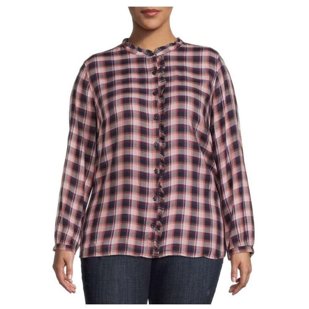 Terra & Sky Women's Plus Size 1X (16W-18W) Ruffle Plaid Woven Long Sleeve Top
